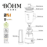 Blender 2 in 1 BÖHM BM5010, 350W, Cupa Sticla 1000 ml + Pahar Plastic, Fara BPA