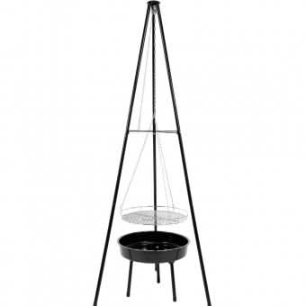 Gratar pe trepied cu vatra, otel, diametru gratar 49 cm, reglabil 30–67 cm, finisaj smalt portelanat, crom, 70x70x152 cm