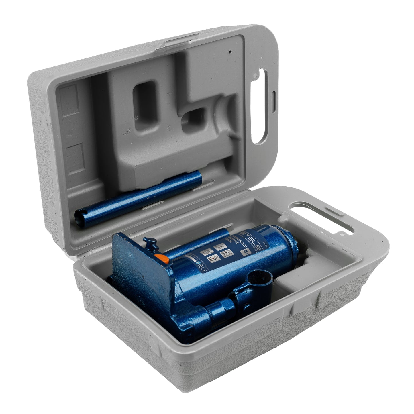 Cric hidraulic auto tip butelie Stels 4T, H 194–372 mm, cu trusa din plastic