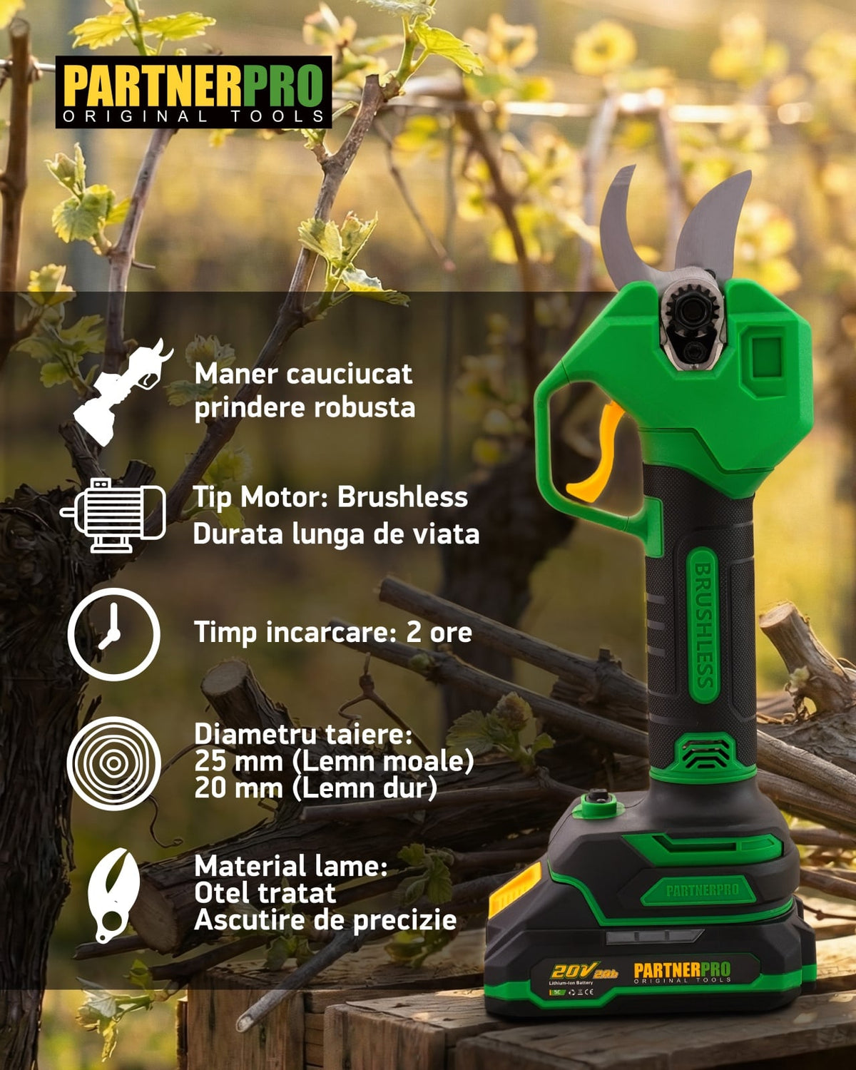 Foarfeca electrica PARTNERPRO PP-FE2A, 20V 2Ah, Brushless, 250 N