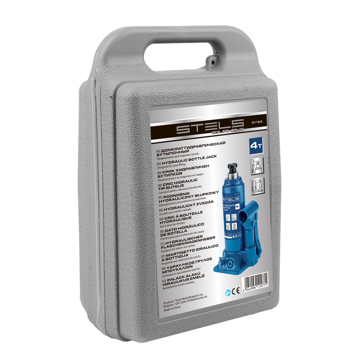 Cric hidraulic auto tip butelie Stels 4T, H 194–372 mm, cu trusa din plastic