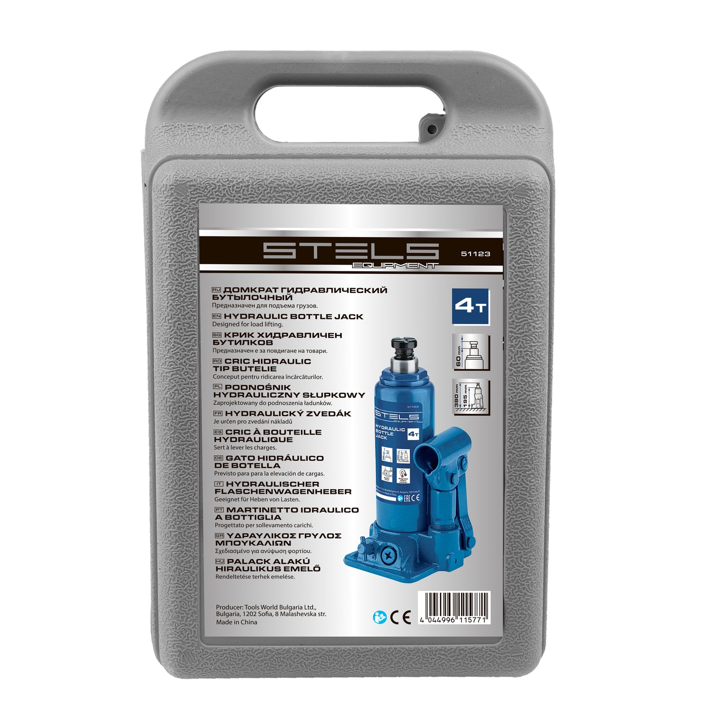 Cric hidraulic auto tip butelie Stels 4T, H 194–372 mm, cu trusa din plastic