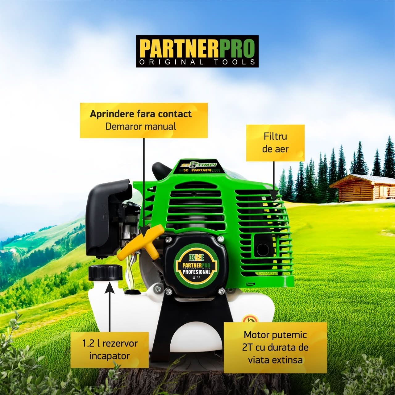 Motocoasa benzina Partner DX52E, 52cc, 5.5CP, 10000 rpm, 3 discuri incluse