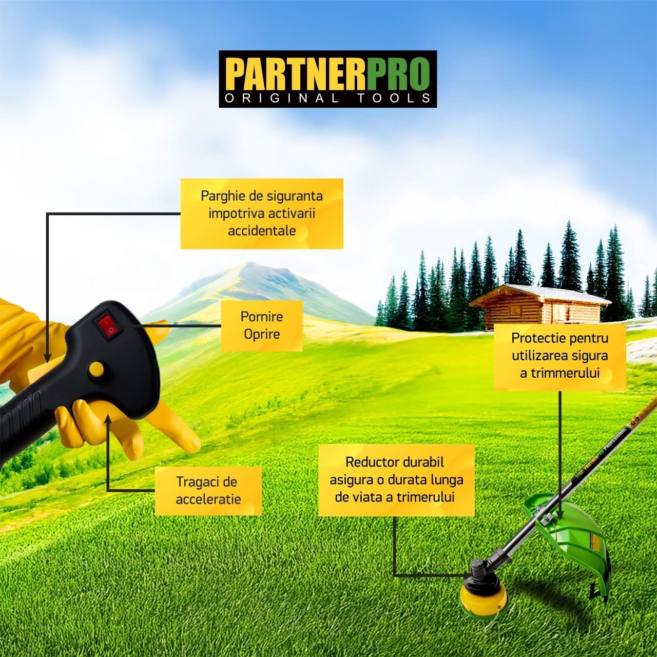 Motocoasa benzina Partner DX52E, 52cc, 5.5CP, 10000 rpm, 3 discuri incluse