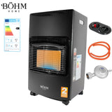 Soba pe gaz GPL BÖHM BF-003A, 4,20 kW, 3 trepte de putere, pentru 20–80 m², cu regulator, furtun 1,5 m si butelie GPL 26 L