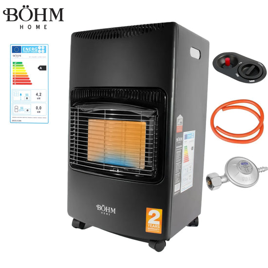 Soba pe gaz GPL BÖHM BF-003A, 4,20 kW, 3 trepte de putere, pentru 20–80 m², cu regulator, furtun 1,5 m si butelie GPL 26 L