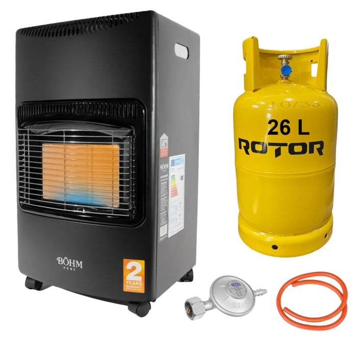 Soba pe gaz GPL BÖHM BF-003A, 4,20 kW, 3 trepte de putere, pentru 20–80 m², cu regulator, furtun 1,5 m si butelie GPL 26 L
