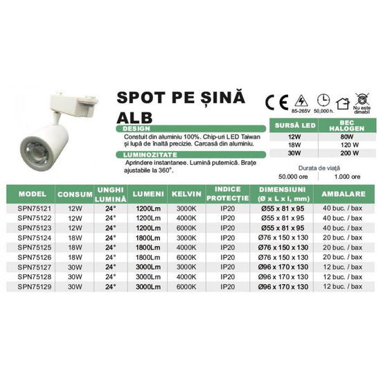 Spot pe sina alb 12W, 6000K, 1200 lm, Ø55x81x95 mm