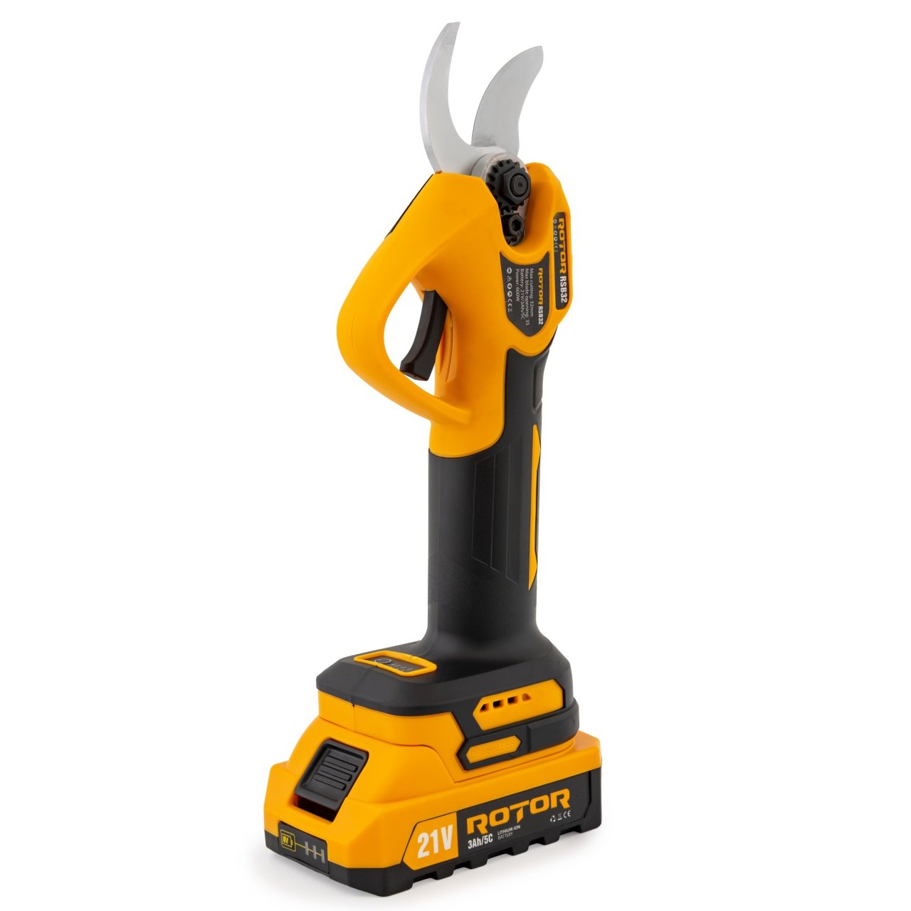 Foarfeca de gradina pe acumulator ROTOR RSB32, 21V / 3Ah, motor Brushless 600W, capacitate taiere 32 mm, set complet cu 2 acumulatori si incarcator