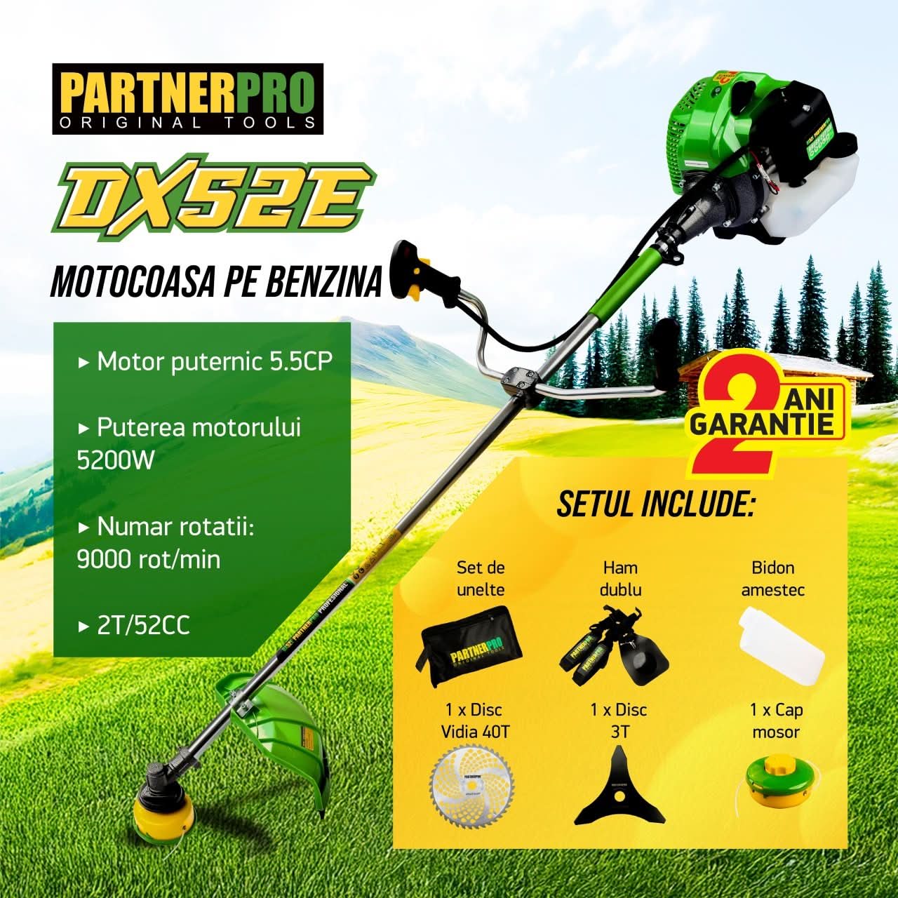 Motocoasa benzina Partner DX52E, 52cc, 5.5CP, 10000 rpm, 3 discuri incluse
