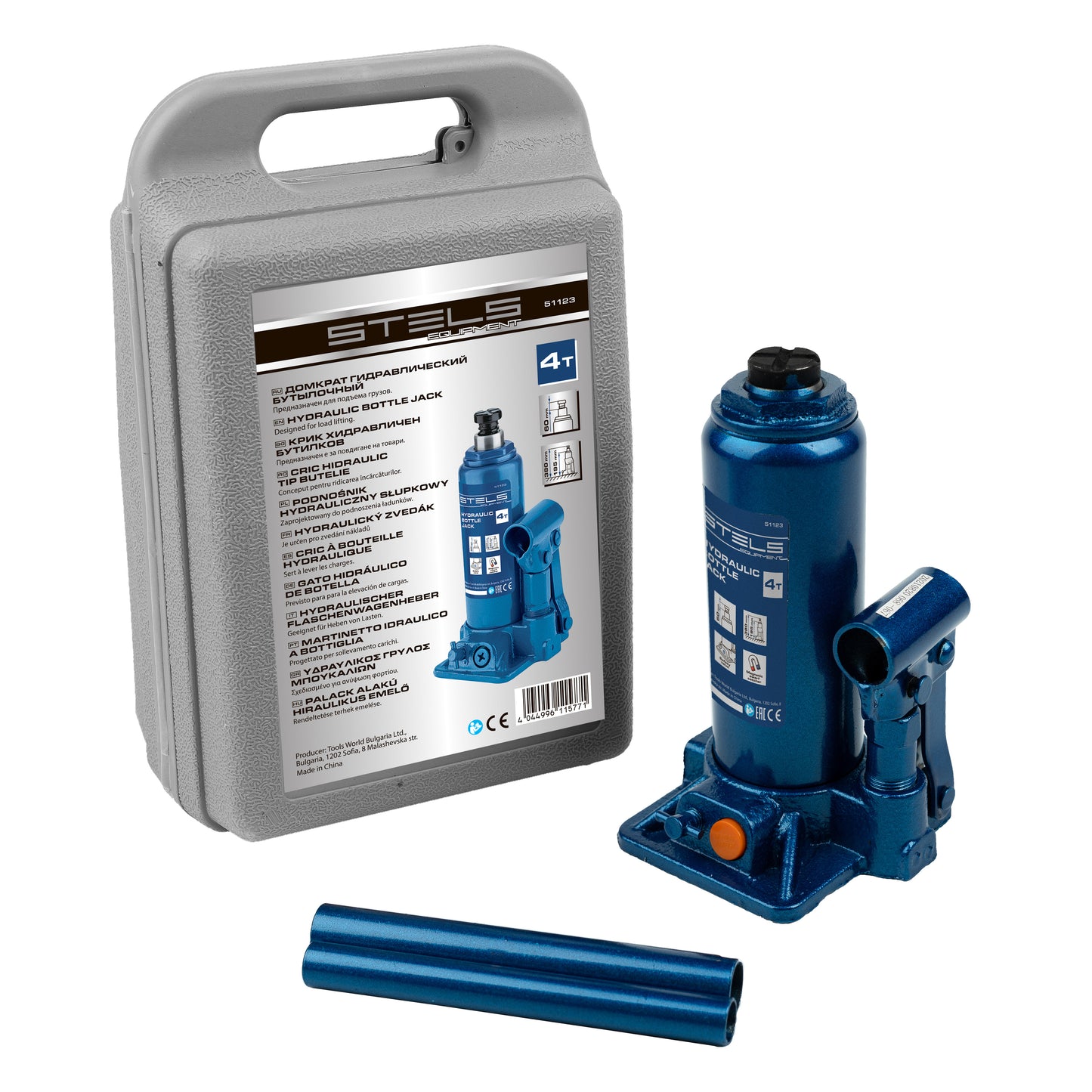 Cric hidraulic auto tip butelie Stels 4T, H 194–372 mm, cu trusa din plastic