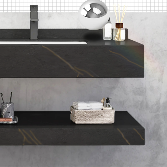 Set Mobilier Baie Sandonna LUMI Negru, Lavoar Piatra Sinterizata, Oglinda LED, Raft, 100x50x15 cm
