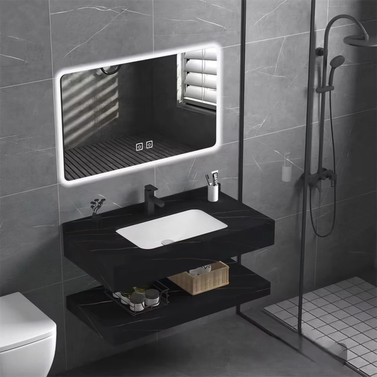 Set Mobilier Baie Sandonna LUMI Negru, Lavoar Piatra Sinterizata, Oglinda LED, Raft, 100x50x15 cm