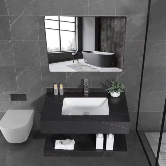 Set Mobilier Baie Sandonna LUMI Negru, Lavoar Piatra Sinterizata, Oglinda LED, Raft, 100x50x15 cm