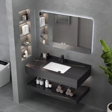 Set Mobilier Baie Sandonna LUMI Negru, Lavoar Piatra Sinterizata, Oglinda LED, Raft, 60x50x15 cm