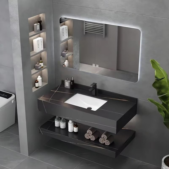 Set Mobilier Baie Sandonna LUMI Negru, Lavoar Piatra Sinterizata, Oglinda LED, Raft, 100x50x15 cm