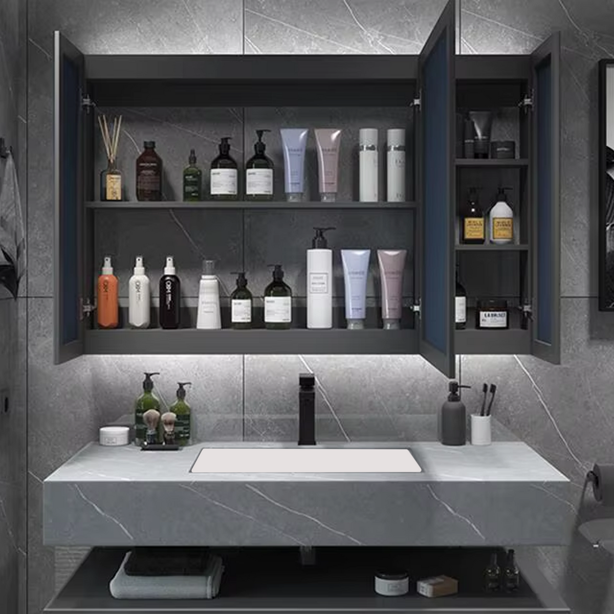 Set Baie NOVA Gri 60x50x15 cm, Oglinda LED, Lavoar Piatra Sinterizata