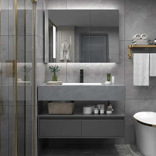 Set Baie NOVA Gri 60x50x15 cm, Oglinda LED, Lavoar Piatra Sinterizata