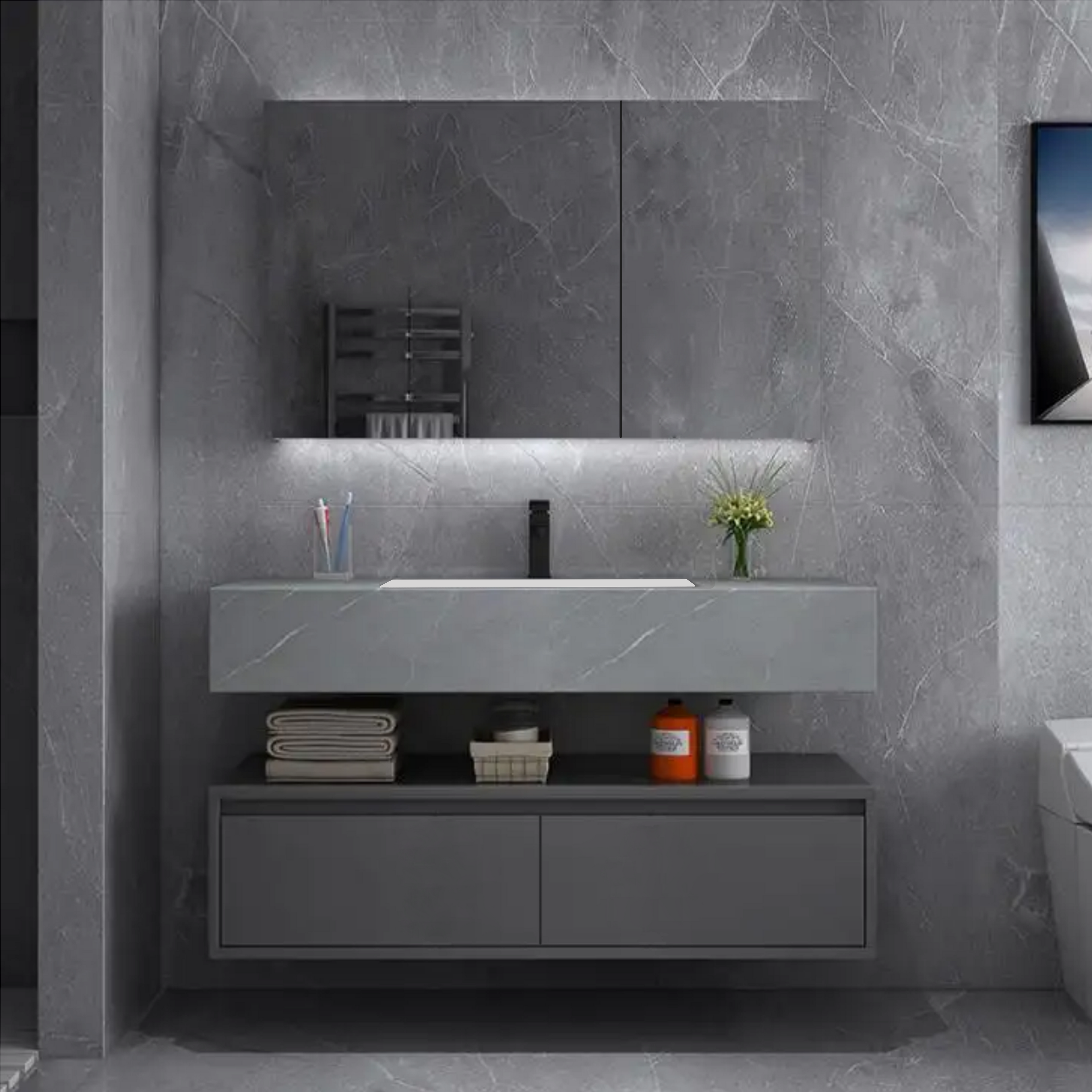 Set Baie NOVA Gri 80x50x15 cm, Oglinda LED, Lavoar Piatra Sinterizata