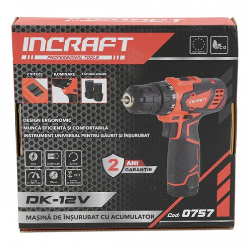 Masina insurubat cu acumulator 12V Incraft DK-12V 2 viteze 32Nm 2 acumulatori