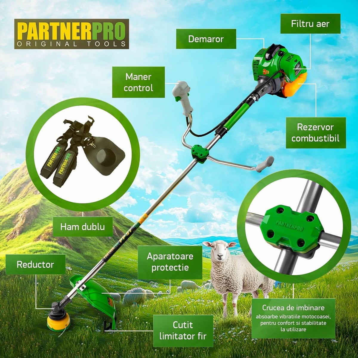 Motocoasa Benzina PartnerPro PP57, 6CP, 52cc, 2T, pentru iarba si tufis