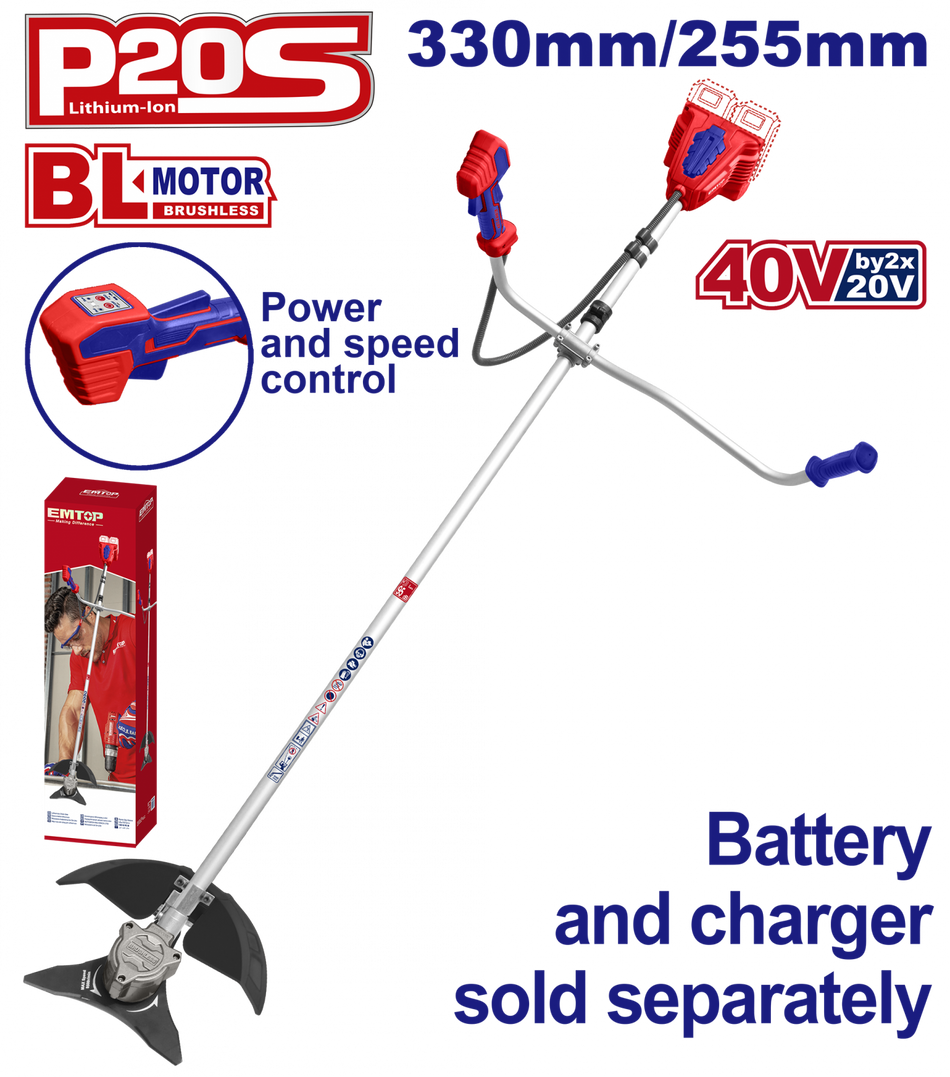 Motocoasă Electrică EMTOP, Motor Fără Perii, Trimmer fără Acumulator și Încărcător, 330/255mm – ELMR20018