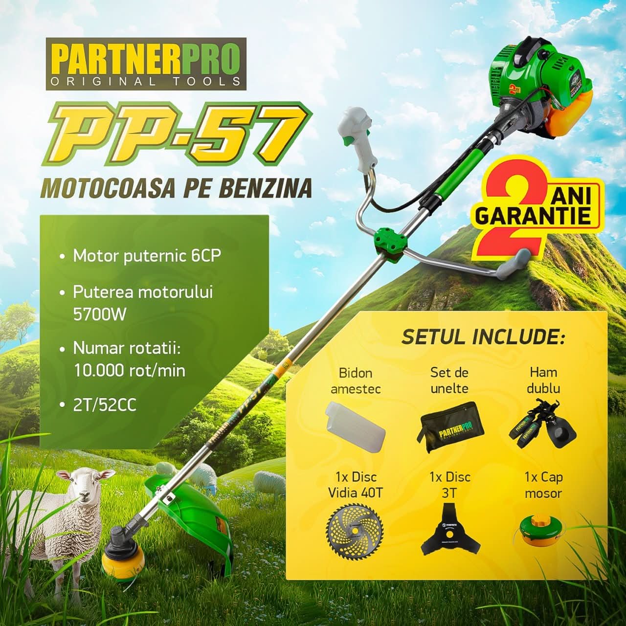 Motocoasa Pe Benzina PartnerPro PP57, 6 CP, 52 cm³, 10000 RPM