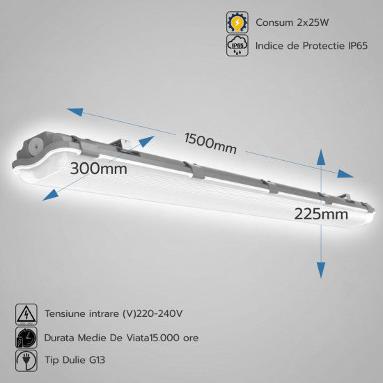 Corp pentru tub LED T8 2x25W, IP65, 1500 mm