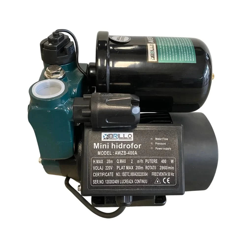 Mini hidrofor Brillo 400W, 2 mc/h, 28m refulare, 8m absorbtie, bobinaj cupru, carcasa fonta