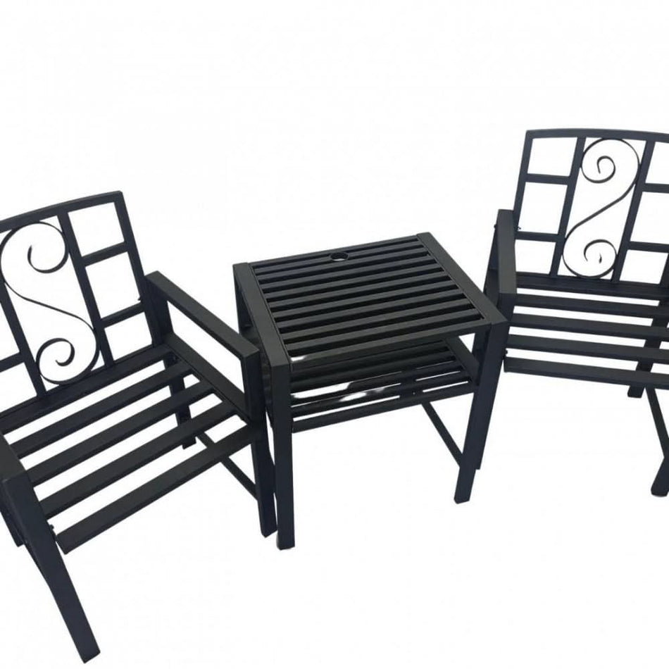 Set mobilier gradina metalic VivaTechnix VMD-1046, masa cu orificiu umbrela 42 mm + 2 scaune, profil 40x20x1.5 mm
