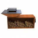 Gratar cu plita 10 mm si vatra pe lemne, 975x975x1050 mm, otel Corten, spatiu depozitare