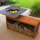 Gratar cu plita 10 mm si vatra pe lemne, 975x975x1050 mm, otel Corten, cu spatiu depozitare, 140 kg