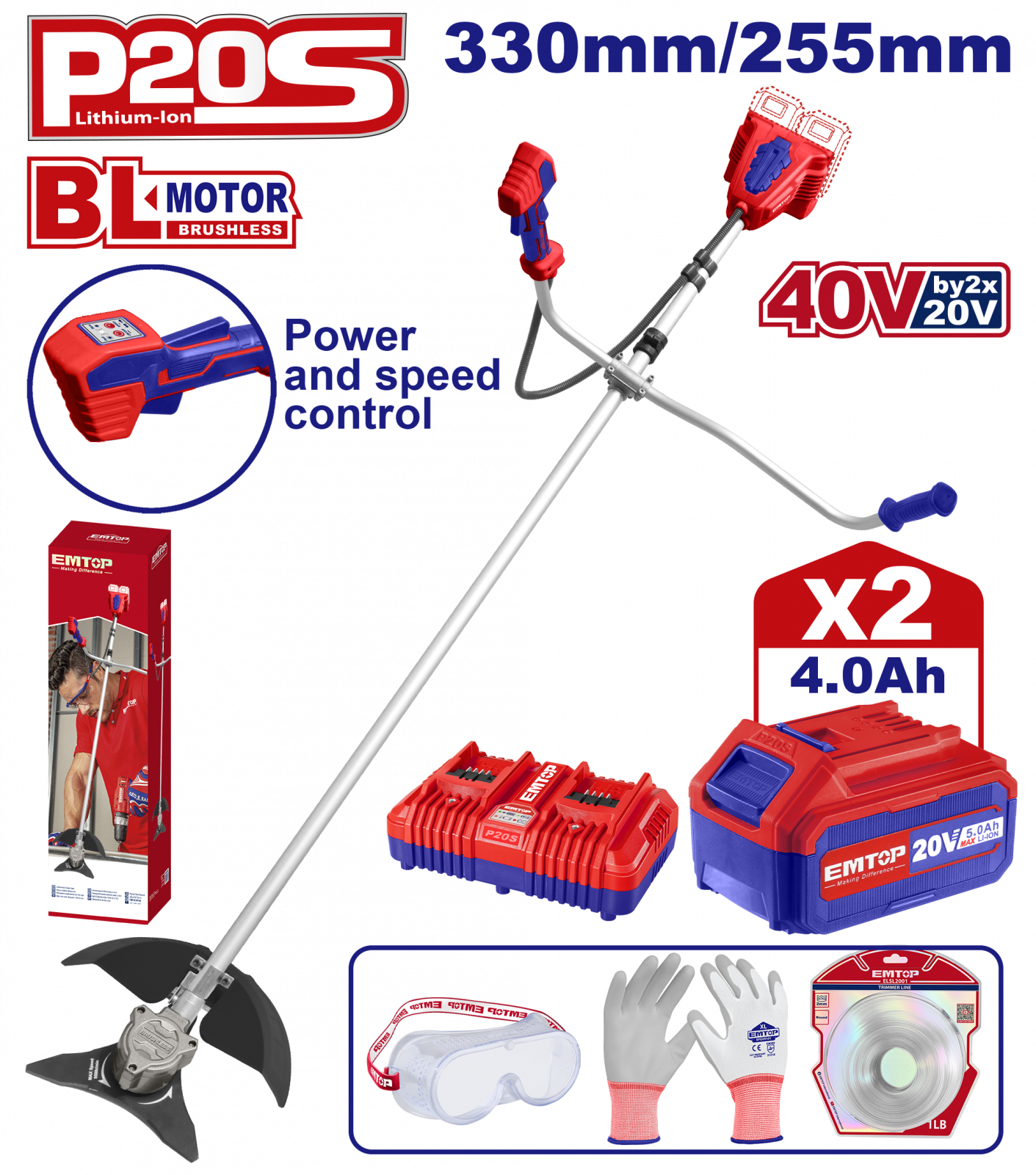 Motocoasă Electrică EMTOP, Trimmer cu 2 Acumulatori 4.0Ah, Motor Fără Perii, 330/255mm, Accesorii Incluse – ELMR202523