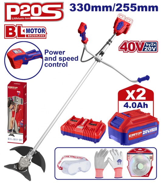 Motocoasă Electrică EMTOP, Trimmer cu 2 Acumulatori 4.0Ah, Motor Fără Perii, 330/255mm, Accesorii Incluse – ELMR202523