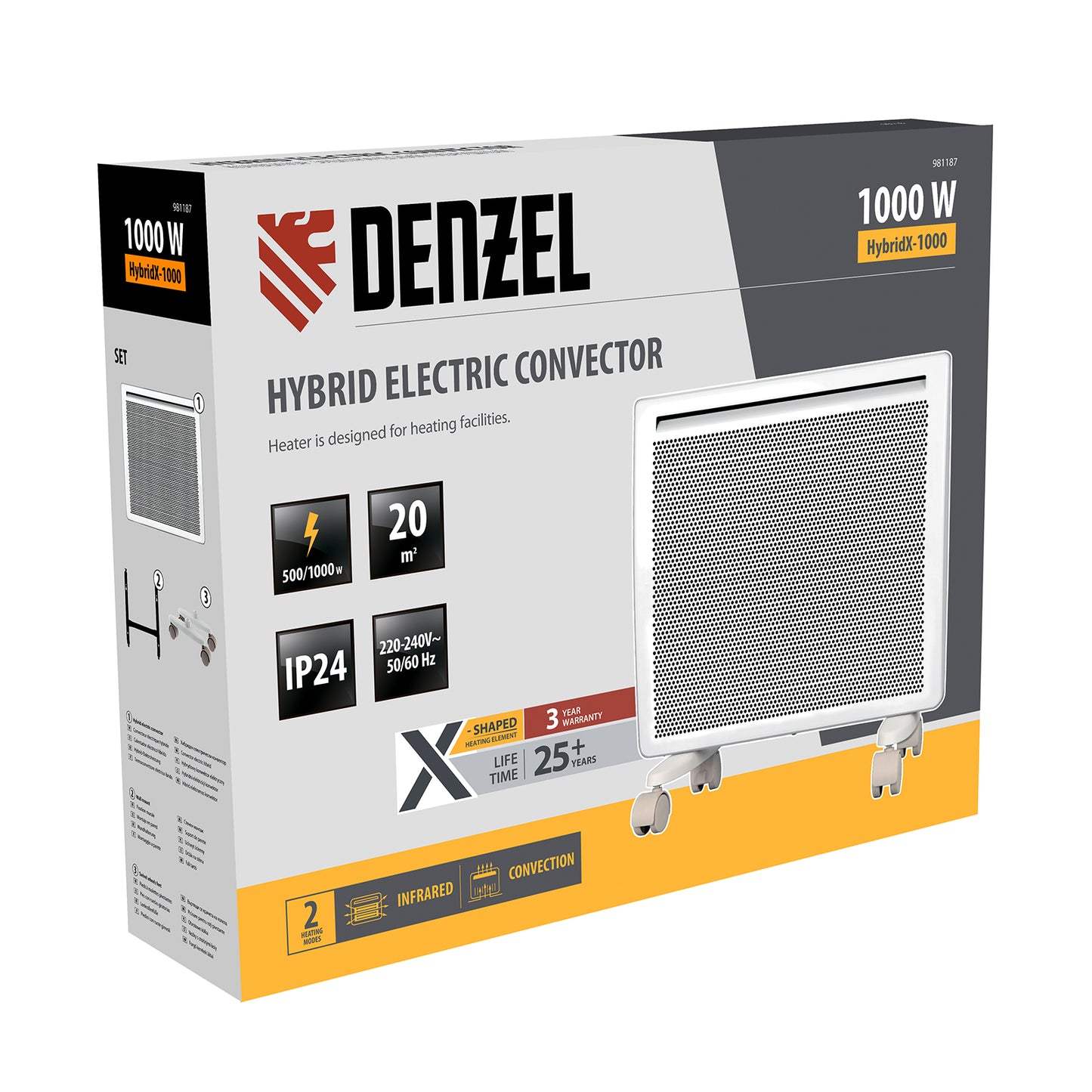 Convector electric hibrid Denzel HybridX-1000, 1000W, incalzitor IR, termostat digital, montaj pe perete sau podea