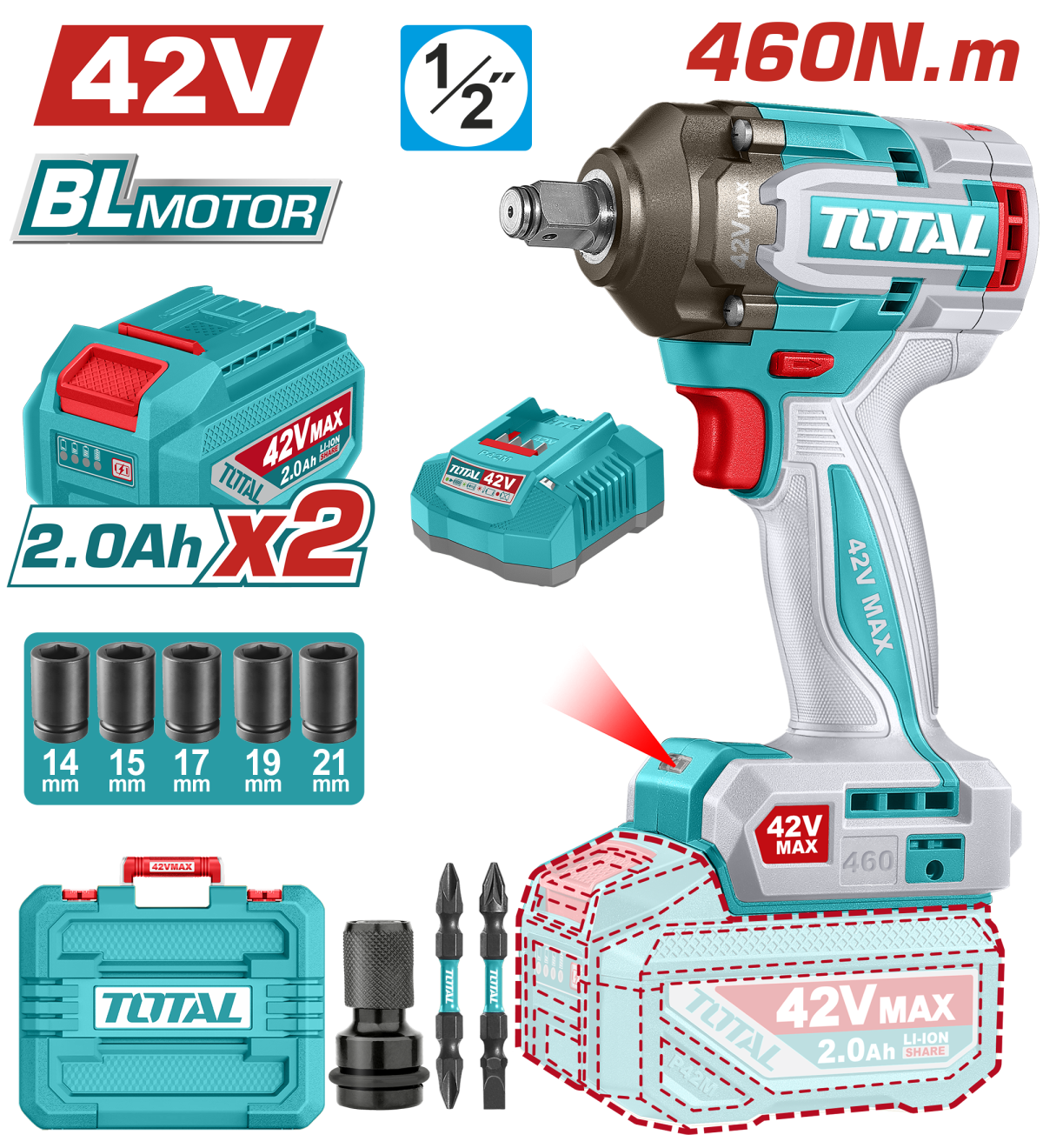 Masina de insurubat cu impact TOTAL 42V, 460 Nm, 1/2"
