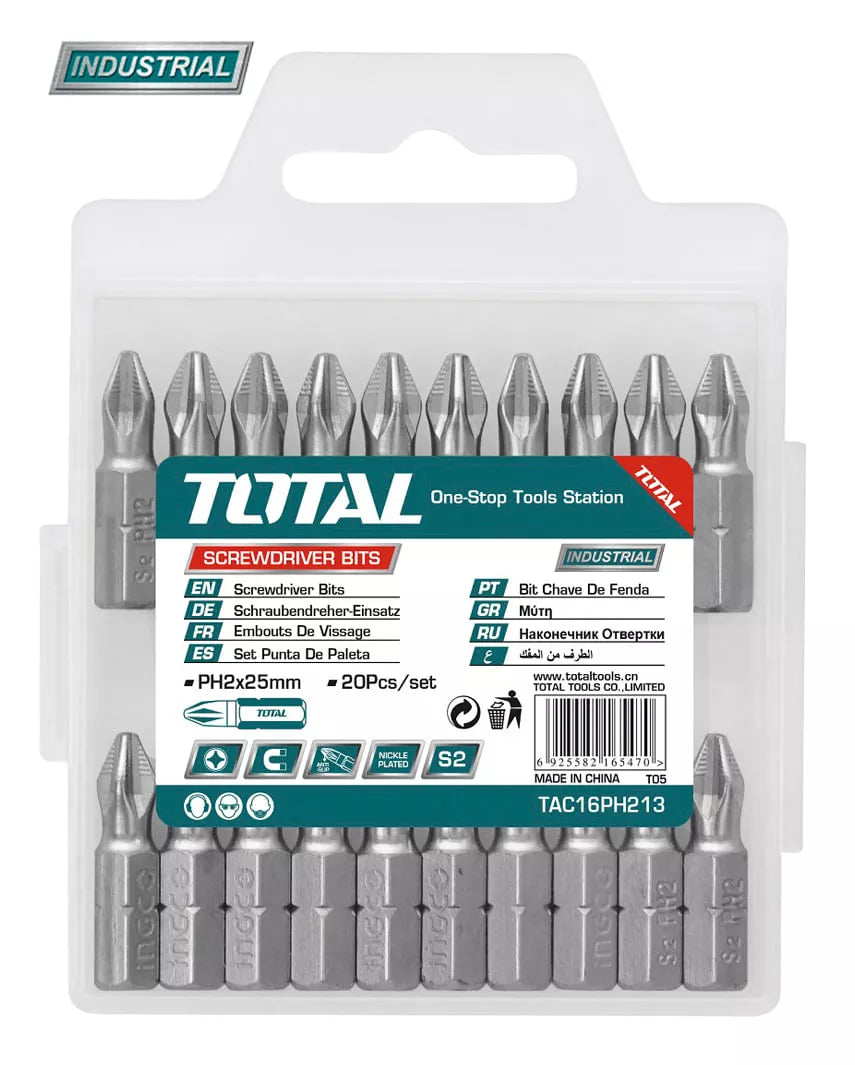 Set 20 biti TOTAL PH2, 25 mm, otel industrial S2, nichel placat, magnetic