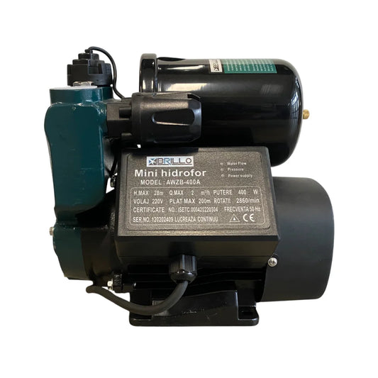 Mini hidrofor Brillo 400W, debit 2 mc/h, inaltime refulare 28 m – ideal pentru spatii mici si cresterea presiunii in gospodarie