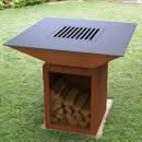 Gratar cu plita 10 mm si vatra pe lemne, otel Corten, 975x975 mm, inaltime 1050 mm, cu spatiu pentru lemne, 140 kg