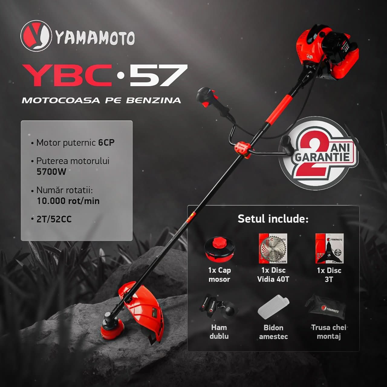 Motocoasa benzina Yamamoto YMA.56, 52cc, 6CP, 10000 rpm, motor 2T