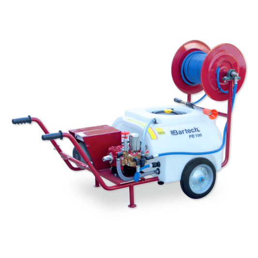 Atomizor 100L cu motor electric monofazat ZEP 1.5KW, pompa 3 pistoane 880 l/min, tambur cu furtun 25m 75 bar, malaxor hidraulic inclus