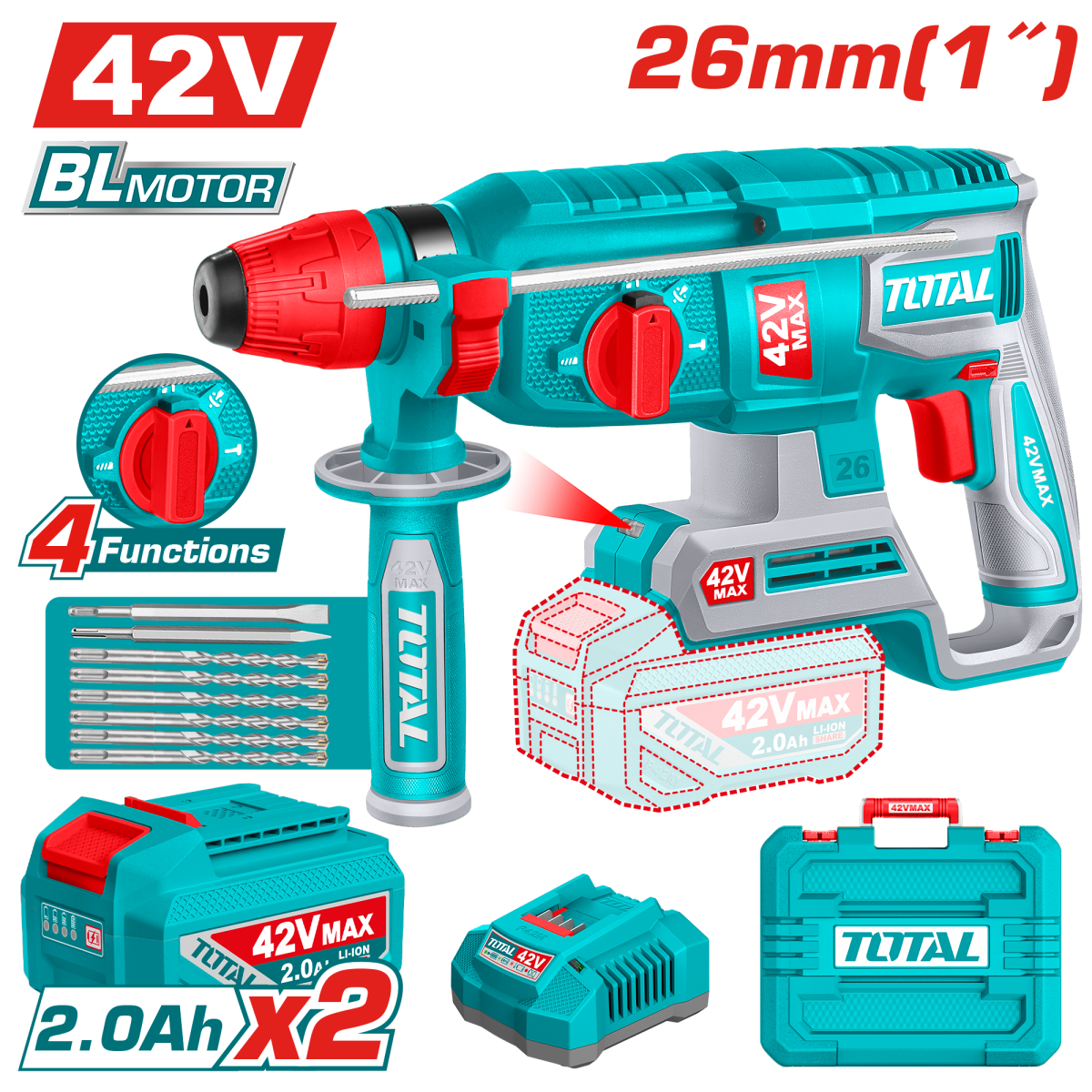 Ciocan rotopercutor TOTAL 42V, 26 mm, 2.5 J