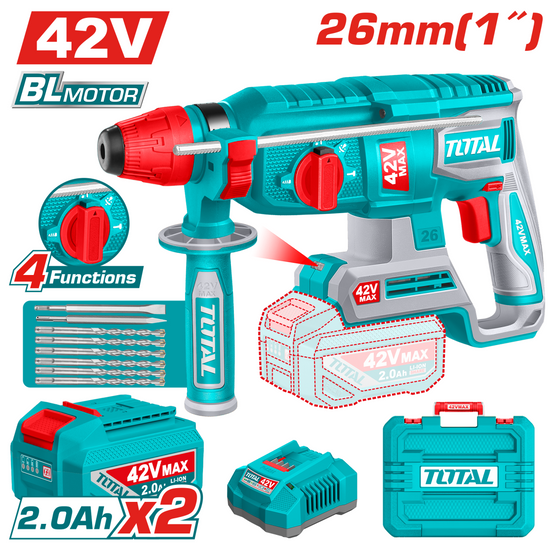 Ciocan rotopercutor TOTAL 42V, 26 mm, 2.5 J