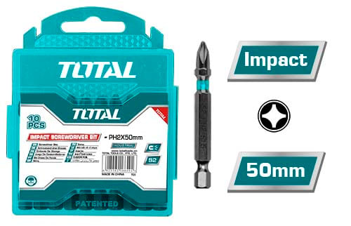 Set 10 biti de impact TOTAL PH2 x 50 mm, otel S2 industrial