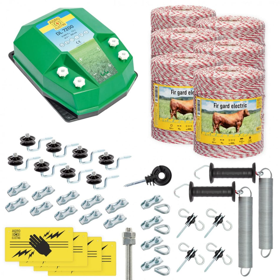 Pachet gard electric complet 6000m 7.2 Joule pentru animale domestice fir izolatori maner poarta conectori
