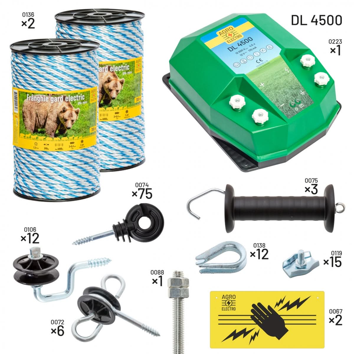 Pachet gard electric apicultori DL4500 alimentare 12V franghie izolatori maner poarta conectori