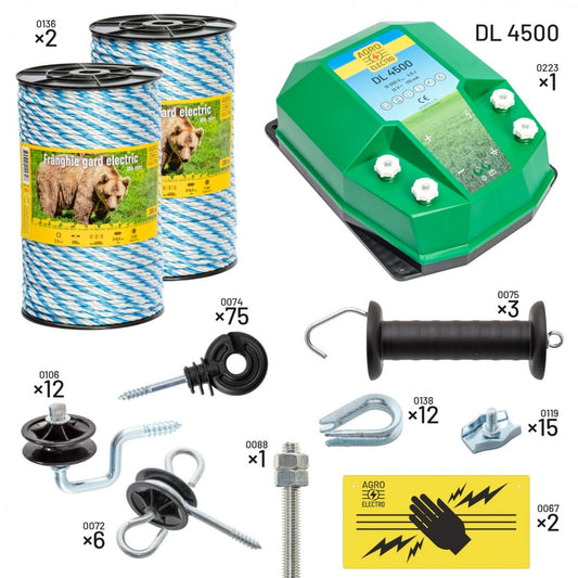 Pachet gard electric apicultori DL4500 alimentare 12V franghie izolatori maner poarta conectori