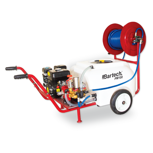 Atomizor 100L cu motor termic ZEP 6.5CP, pompa 3 pistoane 880 l/min, tambur cu furtun 25m 75 bar, malaxor hidraulic inclus