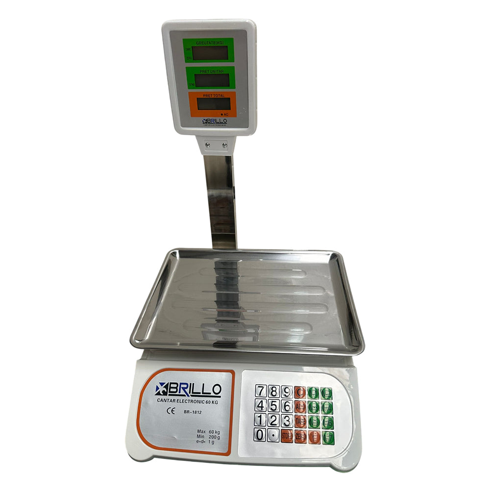 Cantar electronic Brillo 60kg, afisaj dublu LCD, platan inox, acumulator si incarcator incluse
