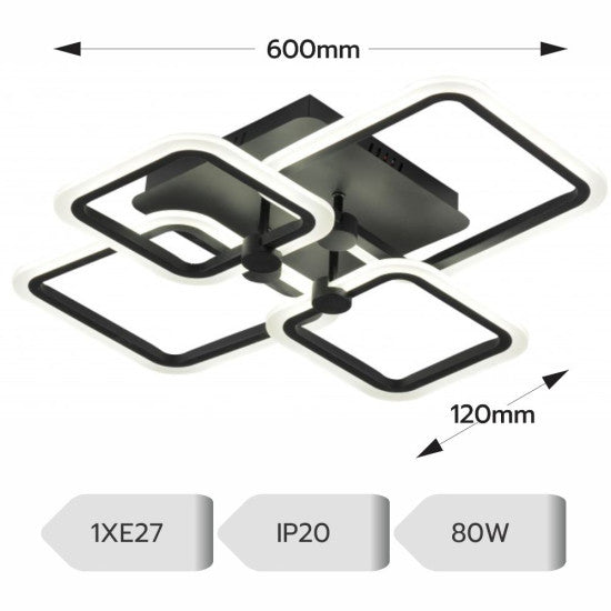 Lustra LED Patrata Neagra 80W, 4 Brate, 600x120 mm, 3 Culori